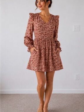 Rust Floral V-Neck Smocked Mini Dress with Pockets